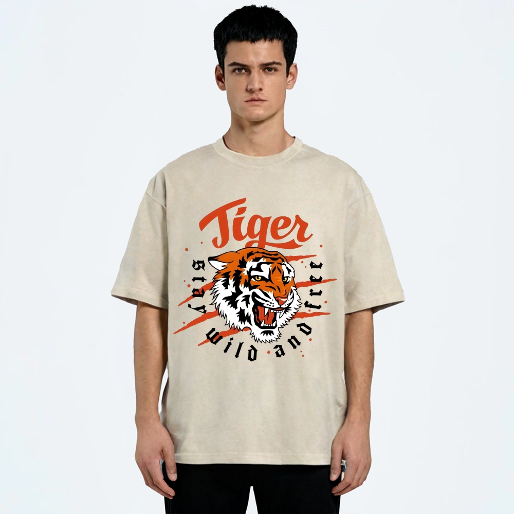 Unisex Tiger Printed Washed Tee