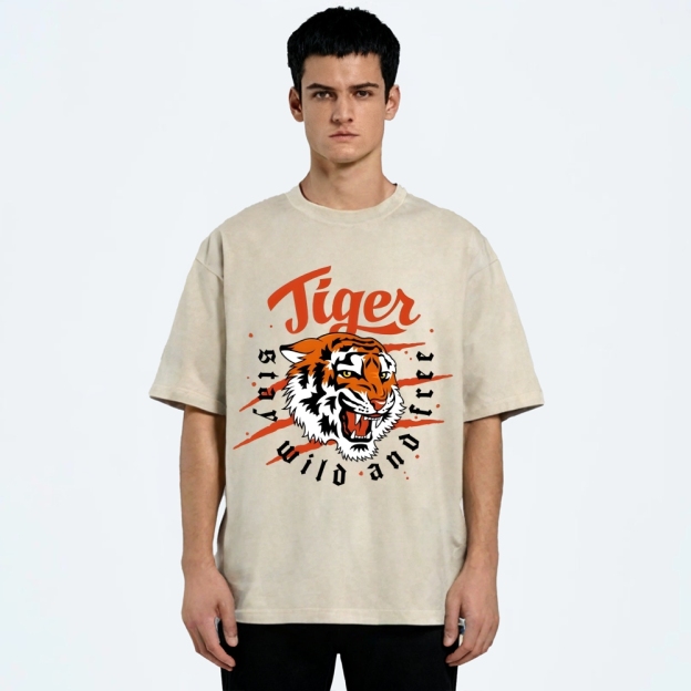 Unisex Tiger Printed Washed Tee