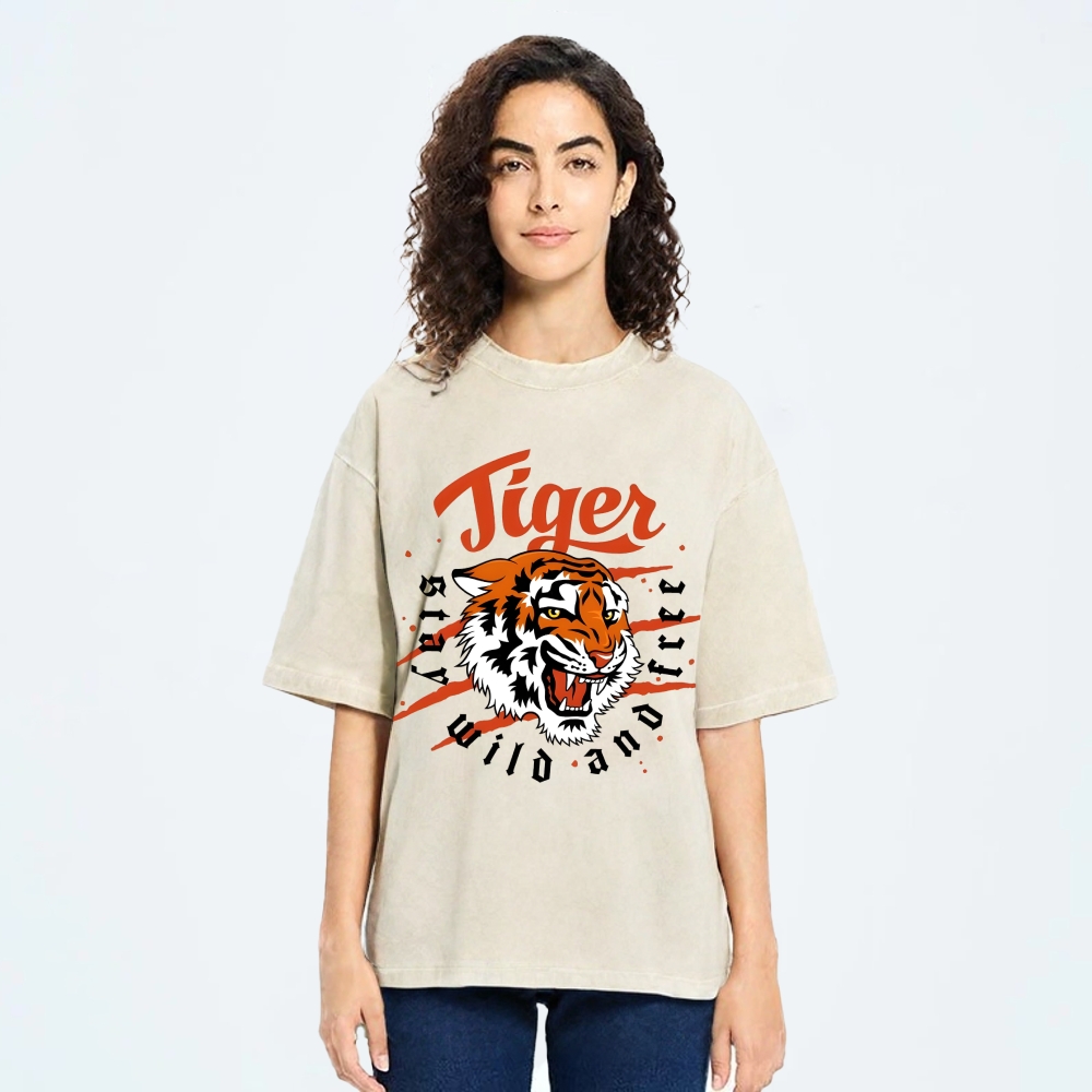 Unisex Tiger Printed Washed Tee