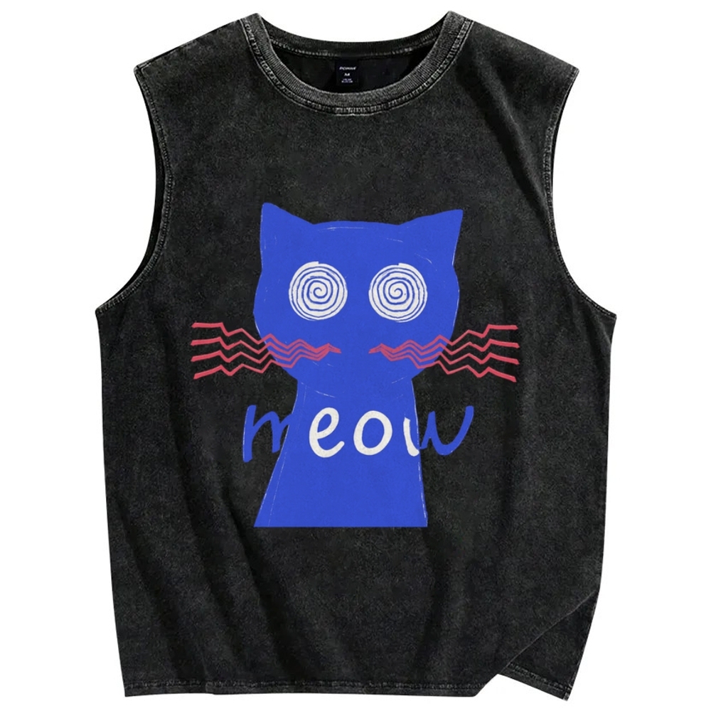 Unisex Meow Cat Printed Washed Tank Top