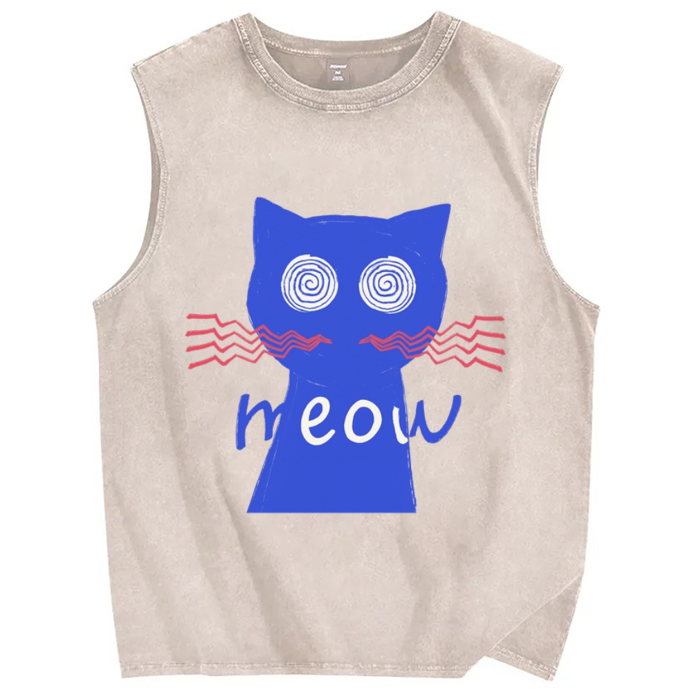Unisex Meow Cat Printed Washed Tank Top