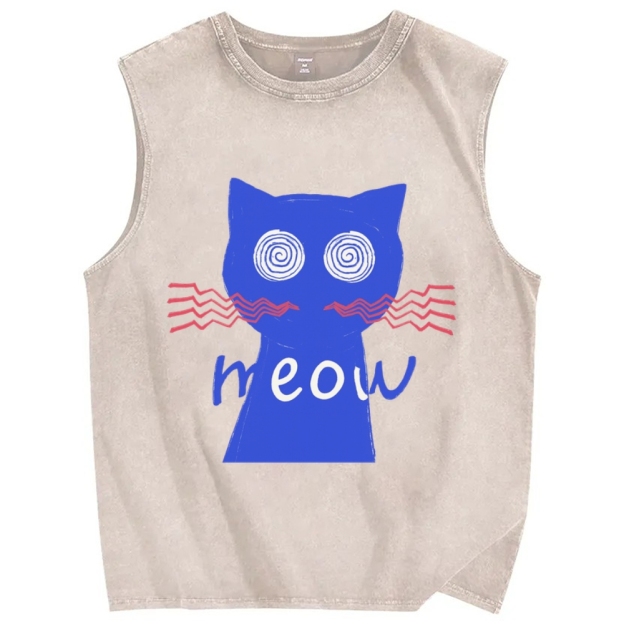 Unisex Meow Cat Printed Washed Tank Top