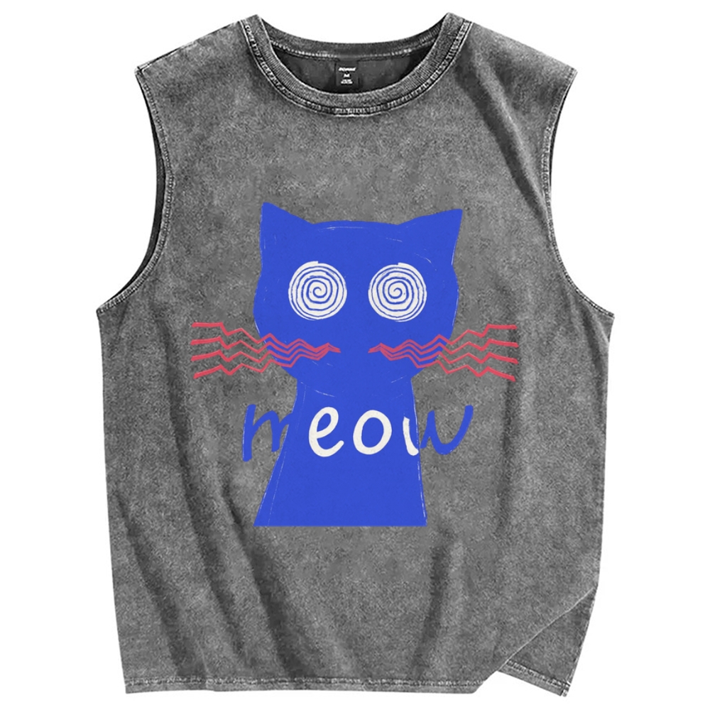 Unisex Meow Cat Printed Washed Tank Top