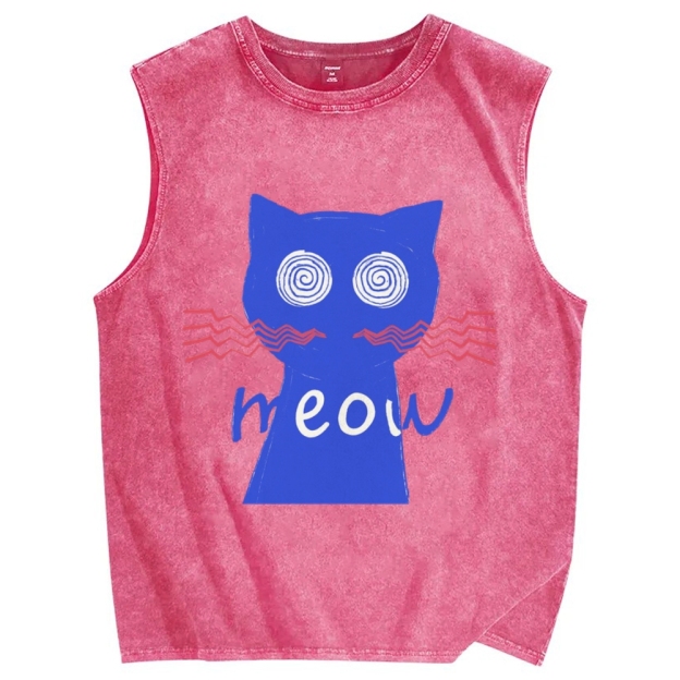 Unisex Meow Cat Printed Washed Tank Top