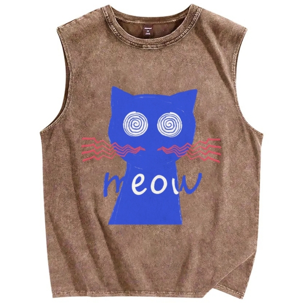 Unisex Meow Cat Printed Washed Tank Top