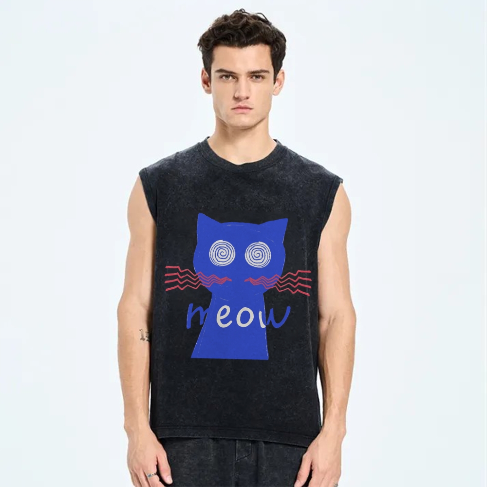 Unisex Meow Cat Printed Washed Tank Top