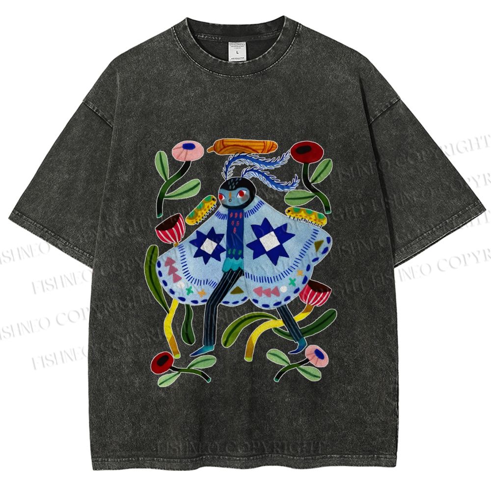 Unisex Blue Moth Graffiti Printed Washed Tee