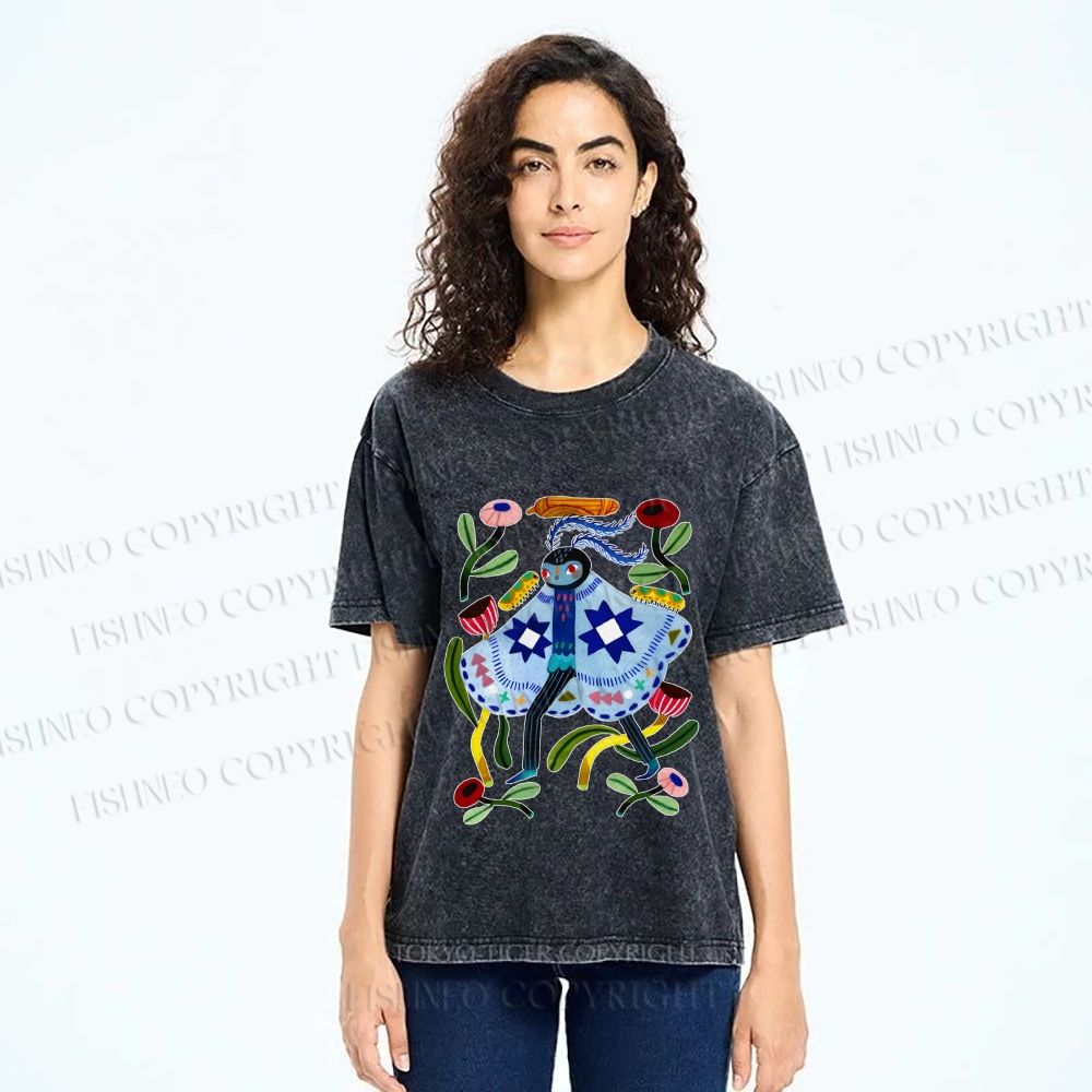 Unisex Blue Moth Graffiti Printed Washed Tee
