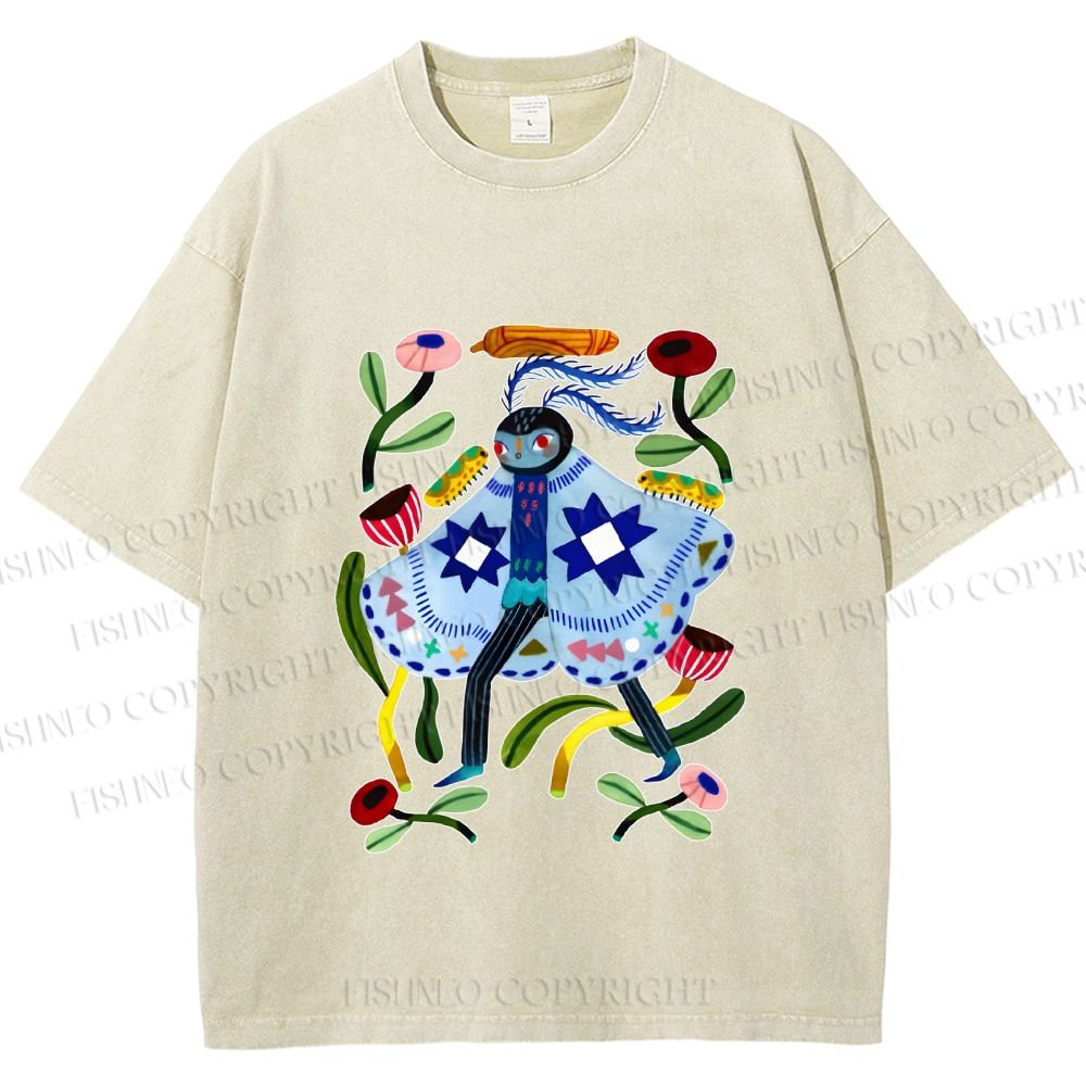 Unisex Blue Moth Graffiti Printed Washed Tee