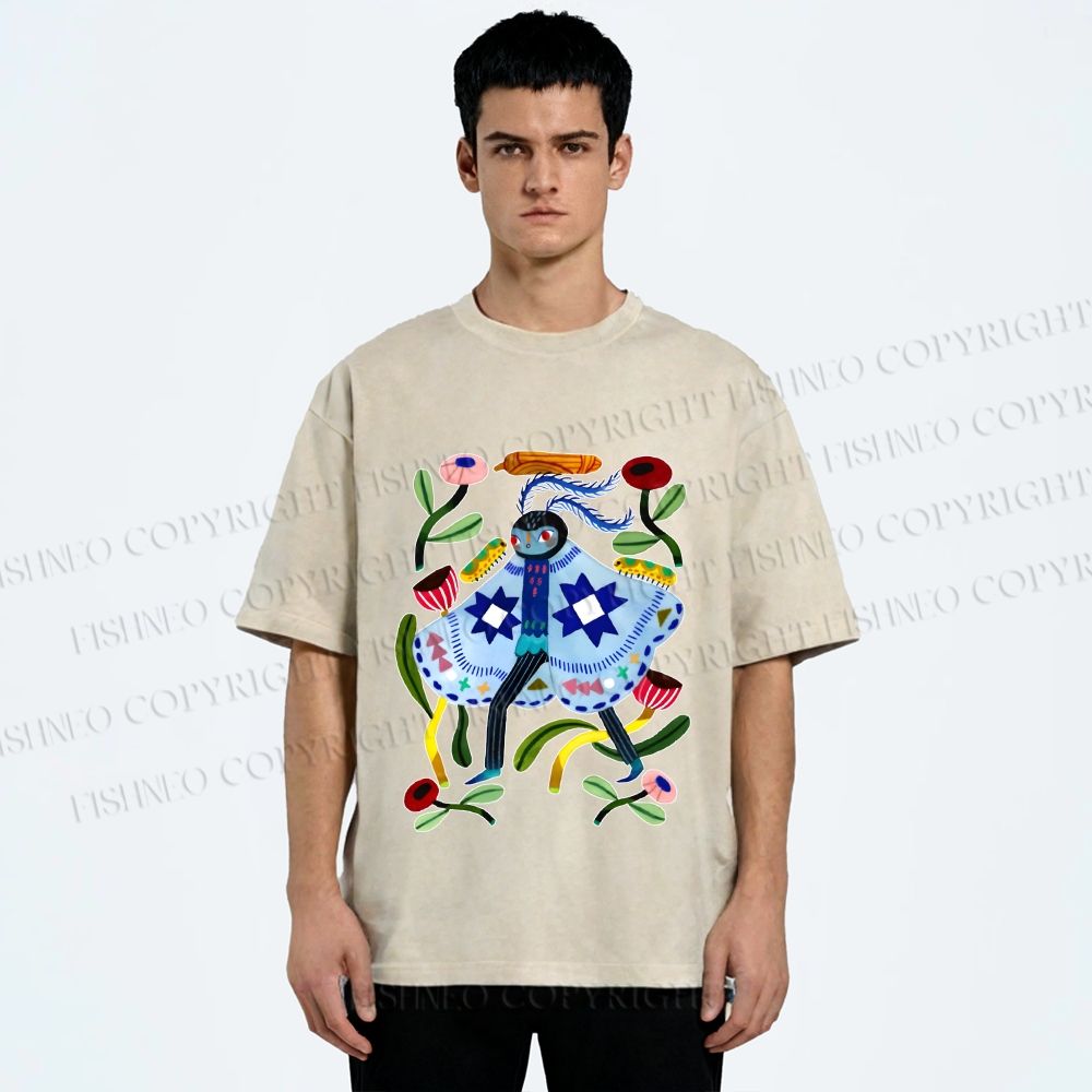 Unisex Blue Moth Graffiti Printed Washed Tee