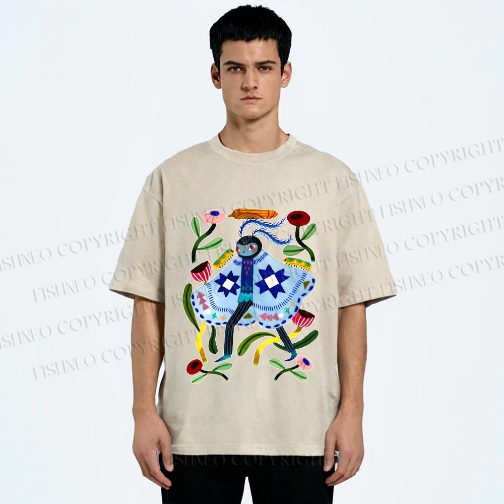 Unisex Blue Moth Graffiti Printed Washed Tee