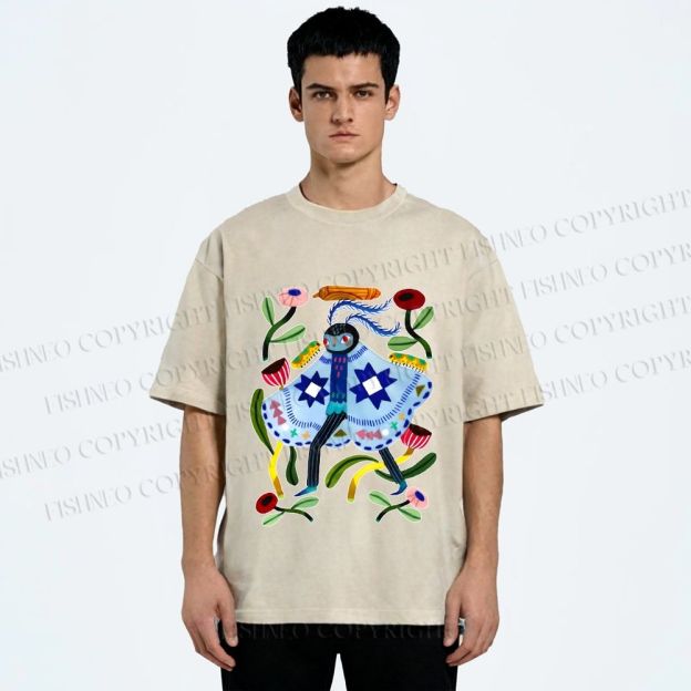 Unisex Blue Moth Graffiti Printed Washed Tee