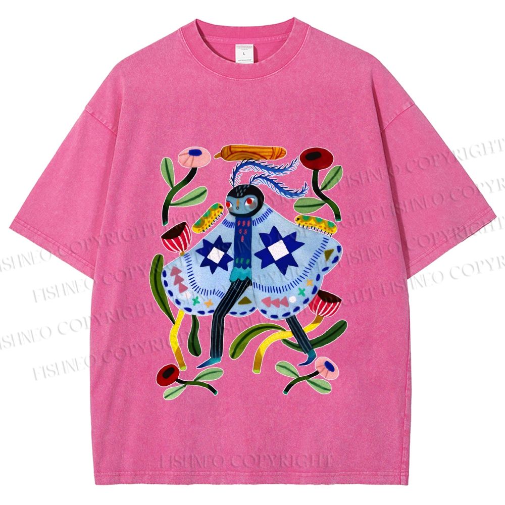 Unisex Blue Moth Graffiti Printed Washed Tee