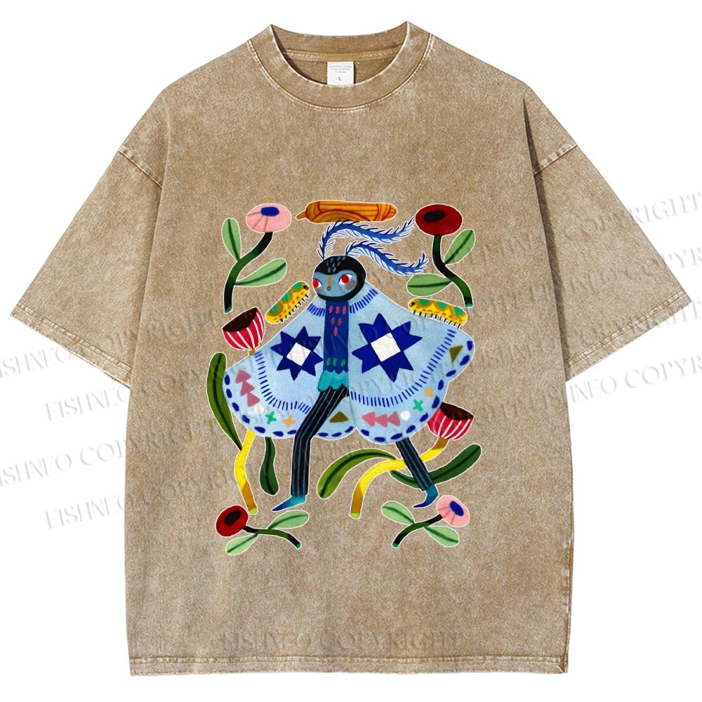 Unisex Blue Moth Graffiti Printed Washed Tee