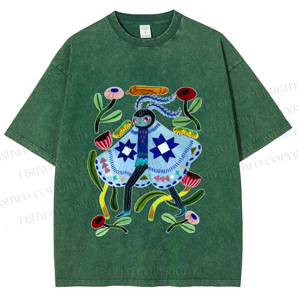 Unisex Blue Moth Graffiti Printed Washed Tee