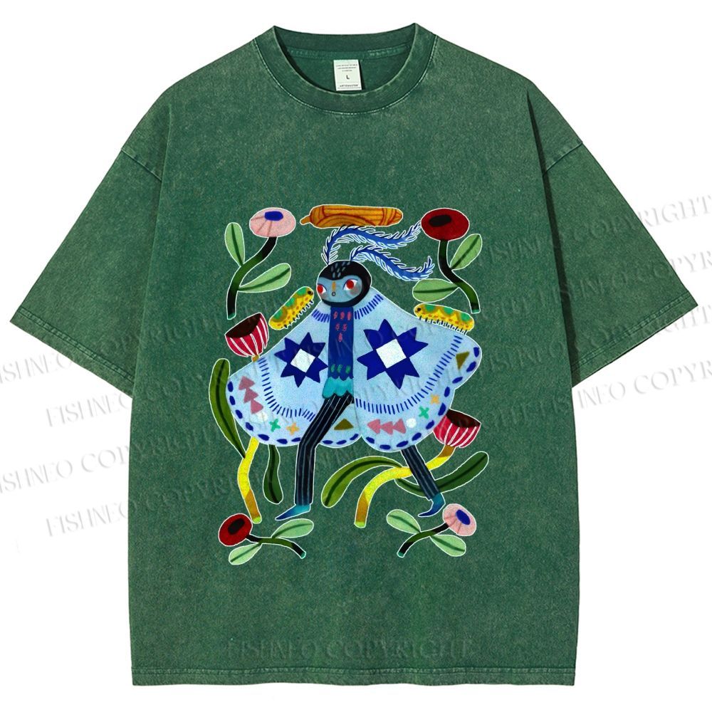 Unisex Blue Moth Graffiti Printed Washed Tee