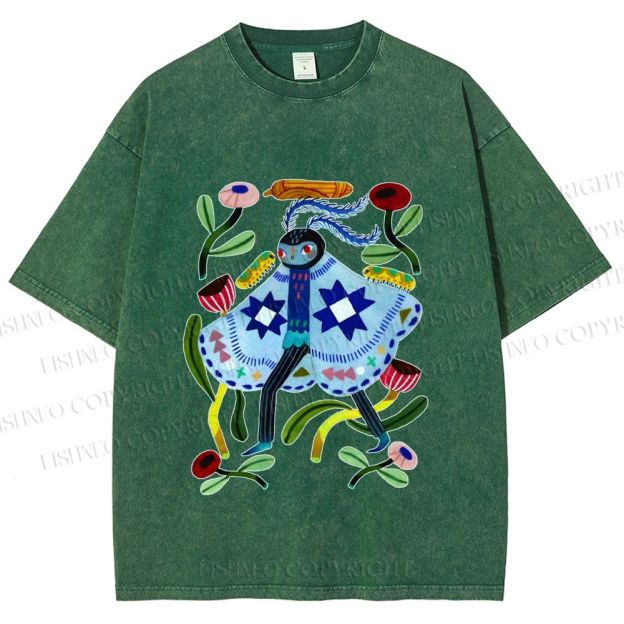 Unisex Blue Moth Graffiti Printed Washed Tee