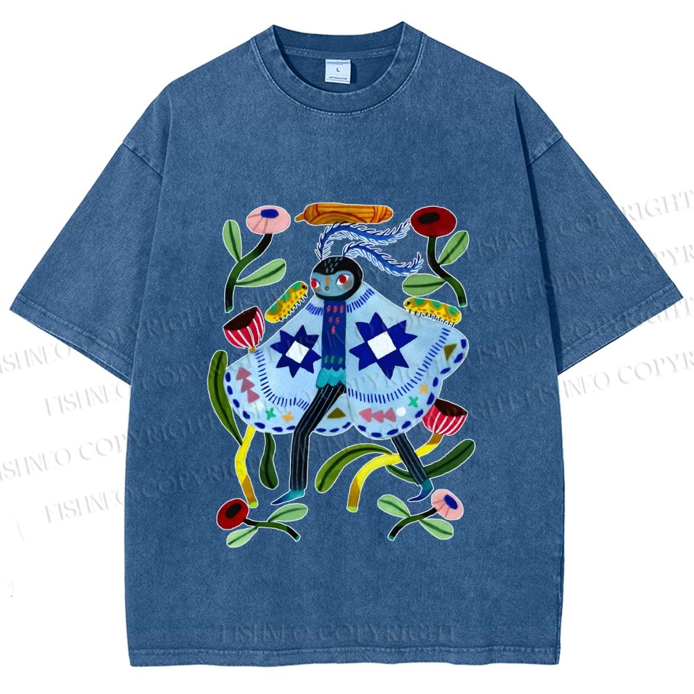 Unisex Blue Moth Graffiti Printed Washed Tee