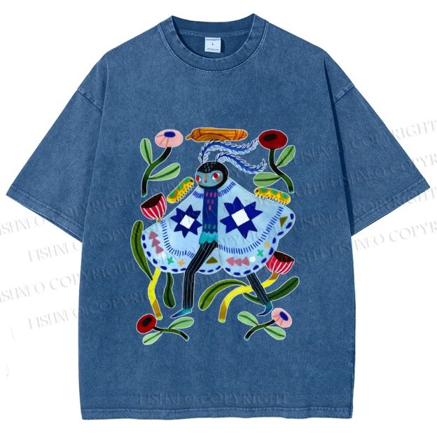 Unisex Blue Moth Graffiti Printed Washed Tee