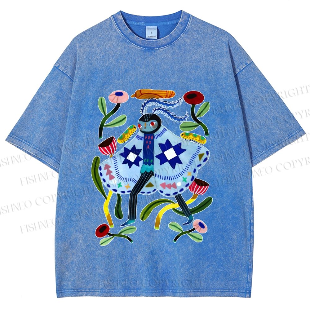 Unisex Blue Moth Graffiti Printed Washed Tee
