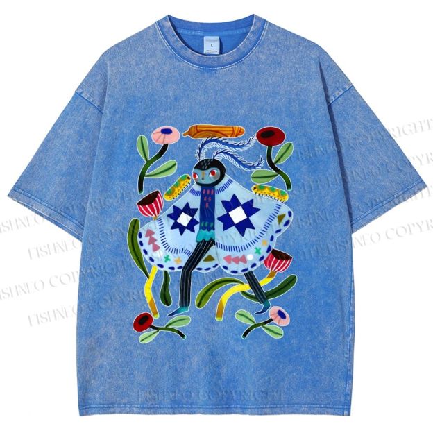 Unisex Blue Moth Graffiti Printed Washed Tee
