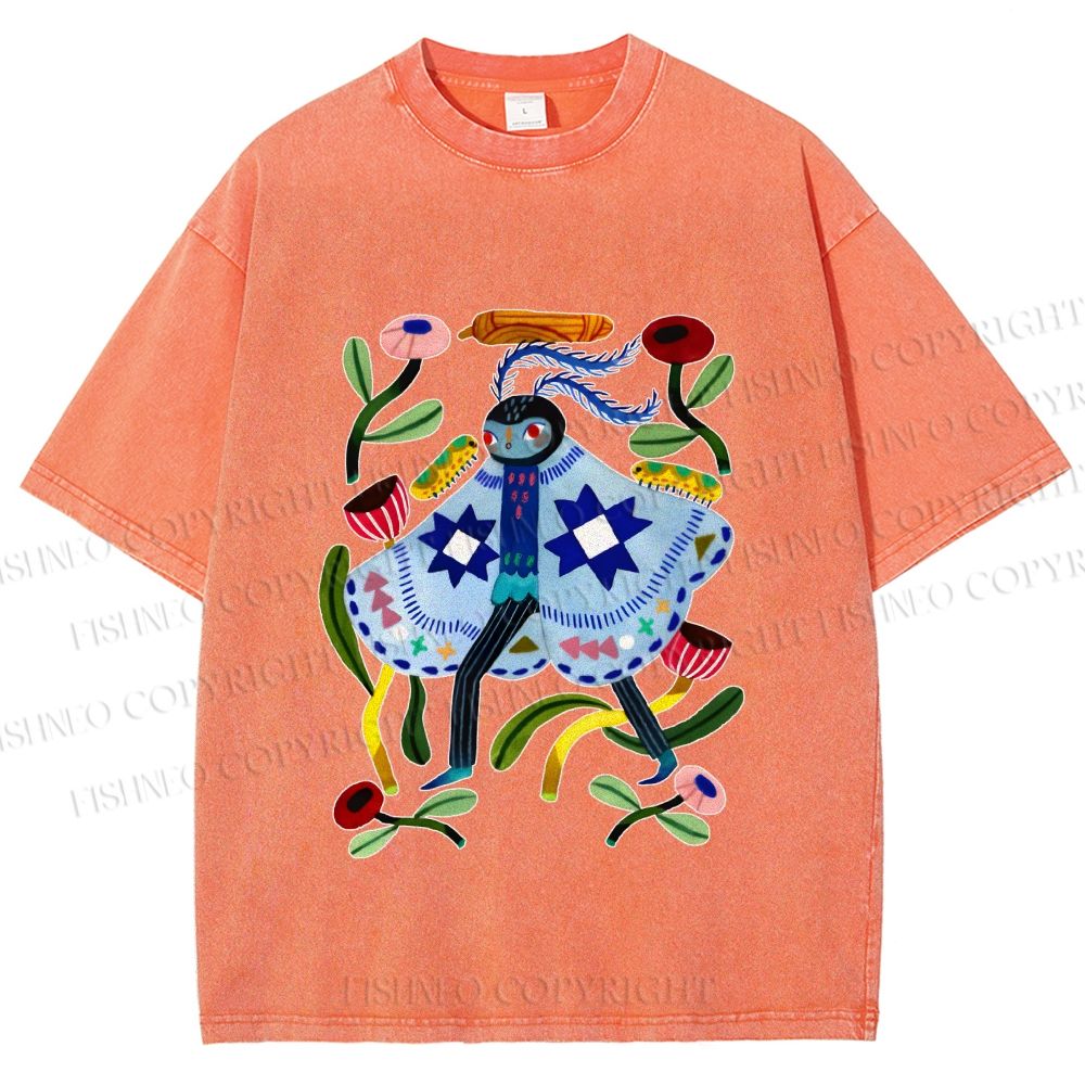 Unisex Blue Moth Graffiti Printed Washed Tee