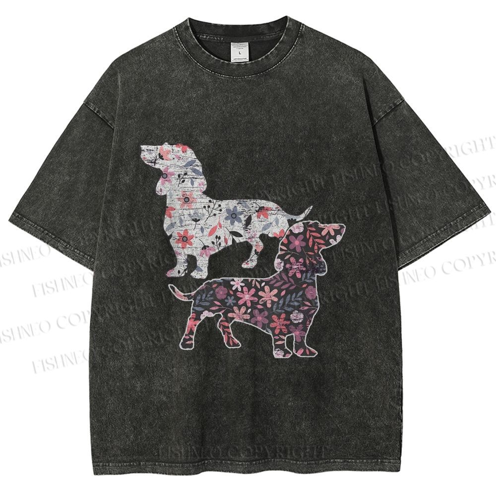 Unisex Two Floral Dachshund Dogs Printed Washed Tee