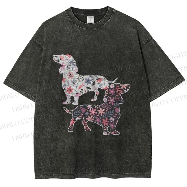 Unisex Two Floral Dachshund Dogs Printed Washed Tee