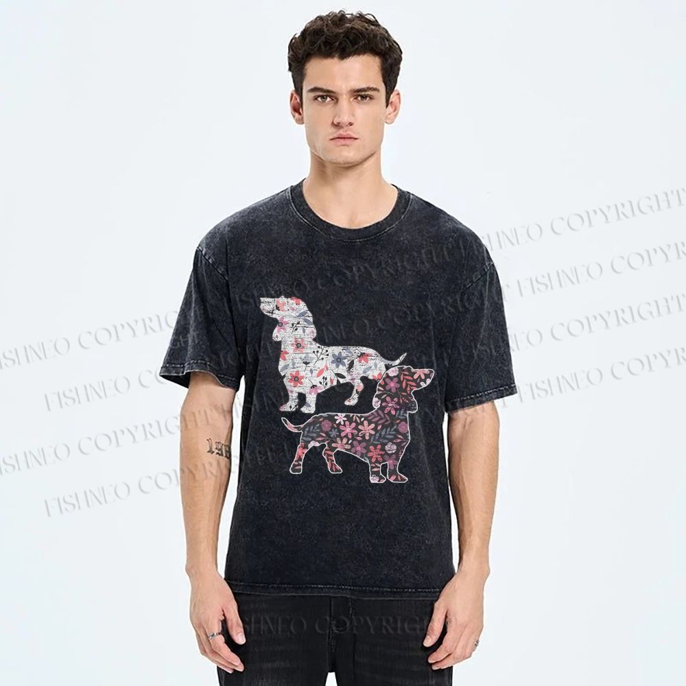 Unisex Two Floral Dachshund Dogs Printed Washed Tee