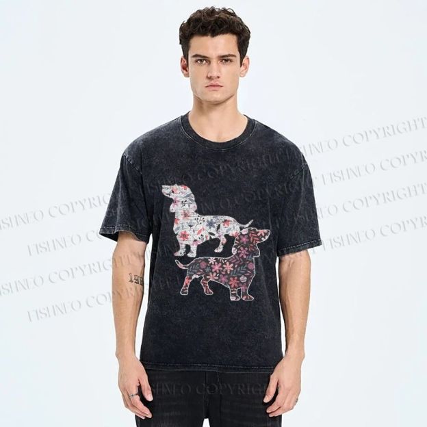 Unisex Two Floral Dachshund Dogs Printed Washed Tee