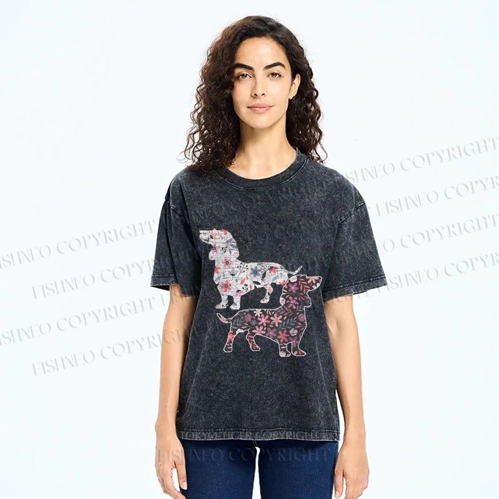 Unisex Two Floral Dachshund Dogs Printed Washed Tee