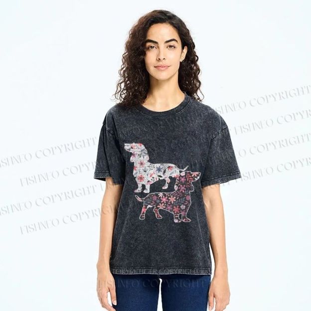 Unisex Two Floral Dachshund Dogs Printed Washed Tee