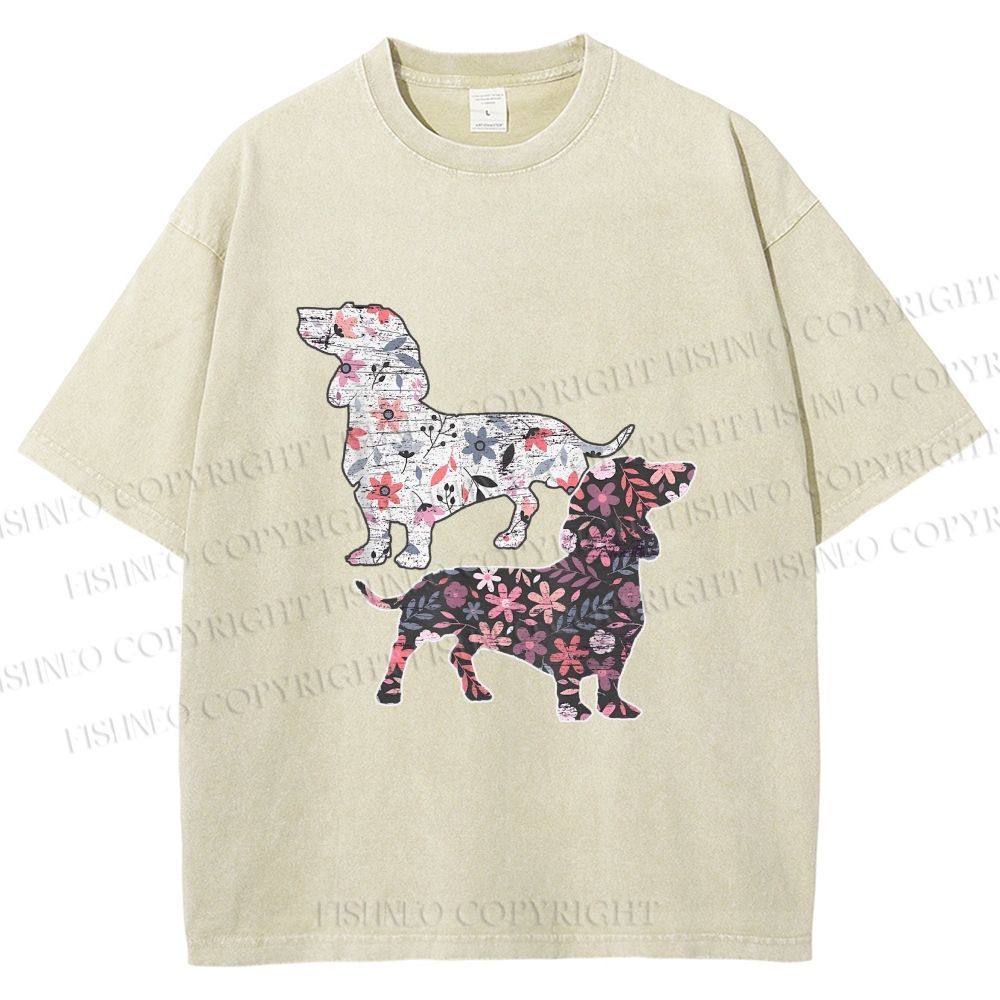 Unisex Two Floral Dachshund Dogs Printed Washed Tee