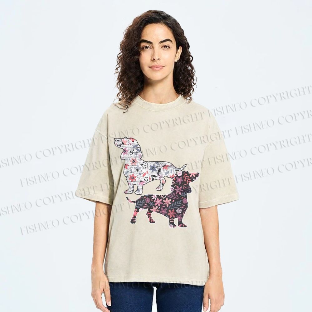 Unisex Two Floral Dachshund Dogs Printed Washed Tee