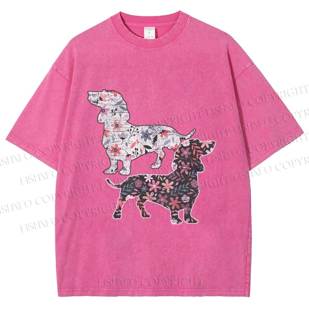 Unisex Two Floral Dachshund Dogs Printed Washed Tee