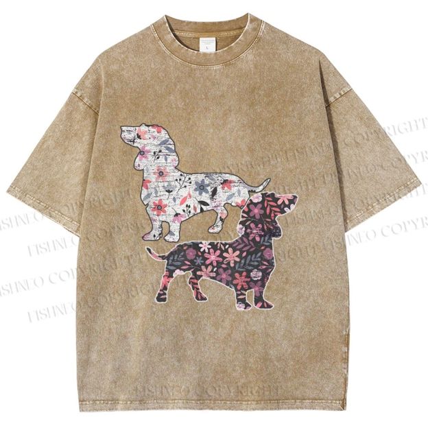 Unisex Two Floral Dachshund Dogs Printed Washed Tee