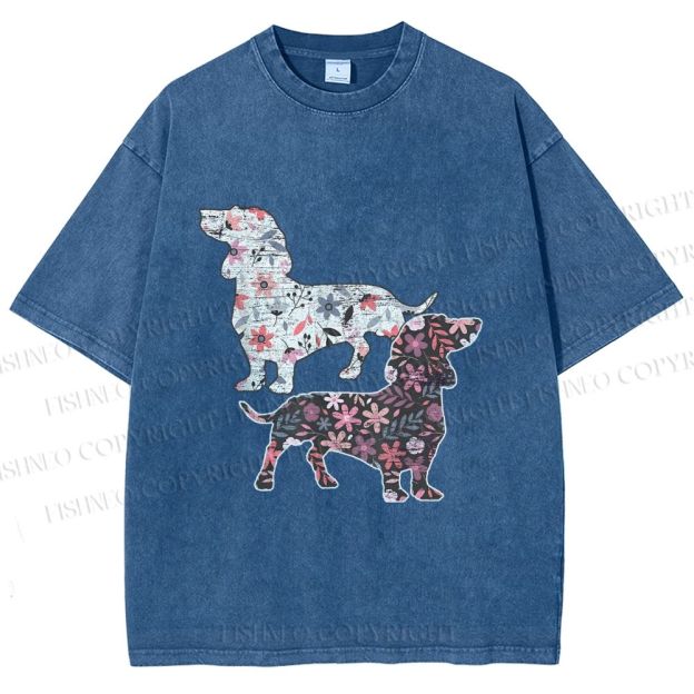 Unisex Two Floral Dachshund Dogs Printed Washed Tee