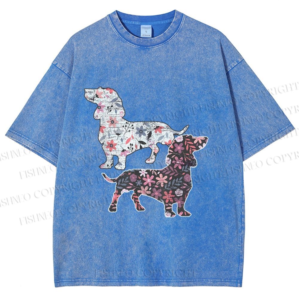Unisex Two Floral Dachshund Dogs Printed Washed Tee