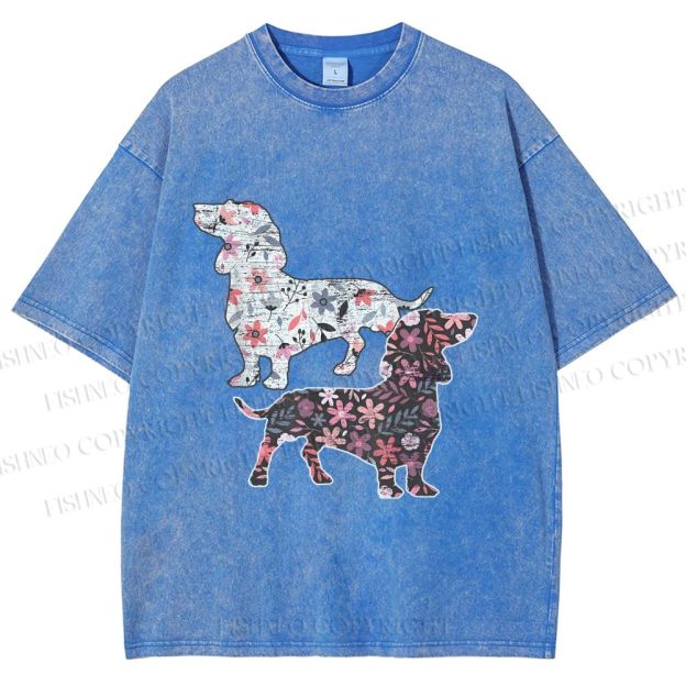 Unisex Two Floral Dachshund Dogs Printed Washed Tee