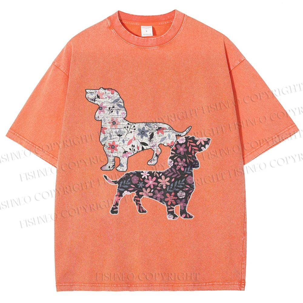Unisex Two Floral Dachshund Dogs Printed Washed Tee