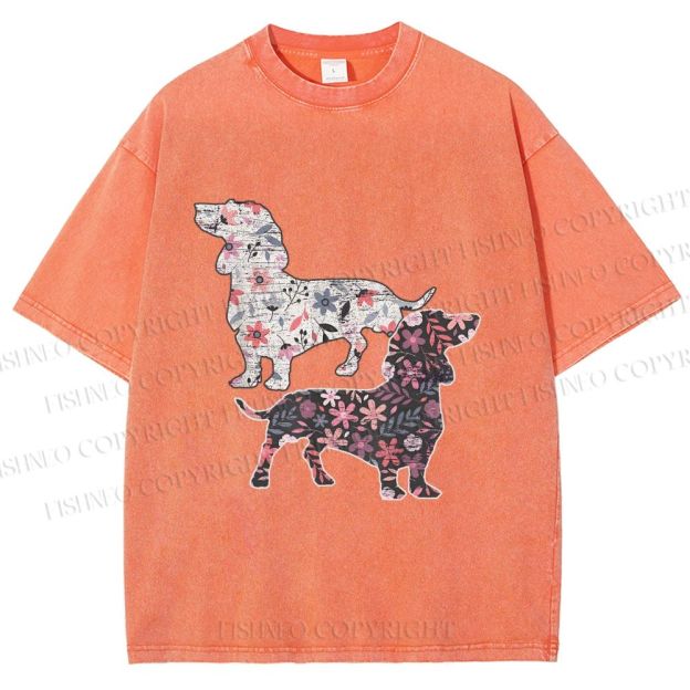 Unisex Two Floral Dachshund Dogs Printed Washed Tee