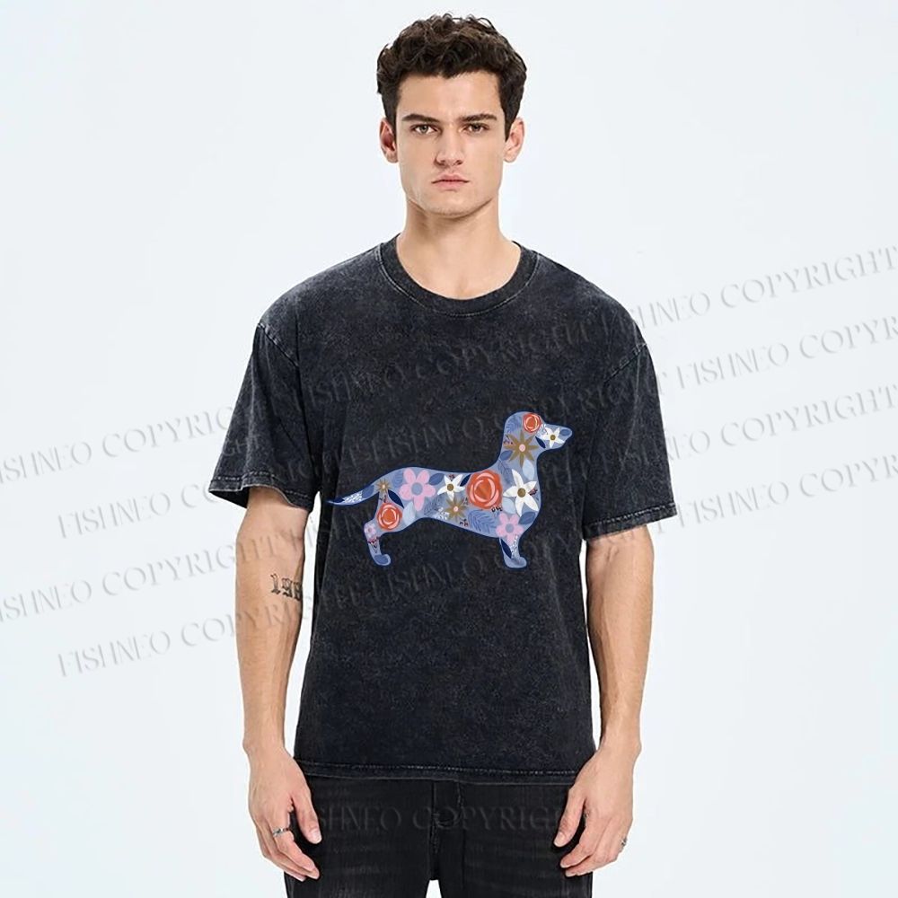 Unisex Blue Floral Dachshund Dog Printed Washed Tee
