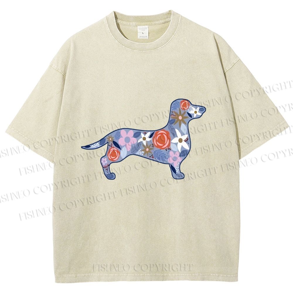 Unisex Blue Floral Dachshund Dog Printed Washed Tee