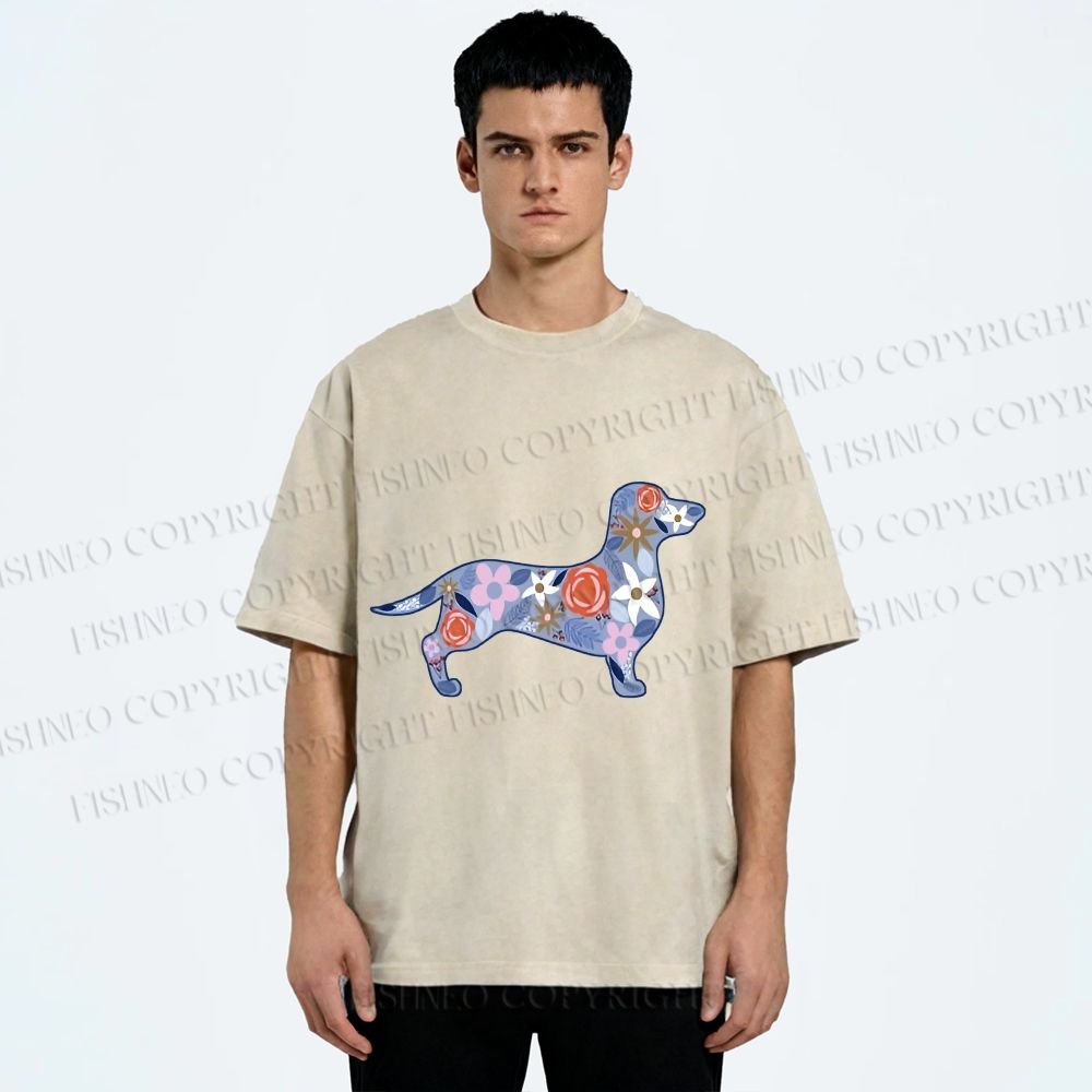 Unisex Blue Floral Dachshund Dog Printed Washed Tee