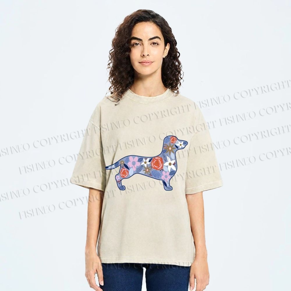 Unisex Blue Floral Dachshund Dog Printed Washed Tee
