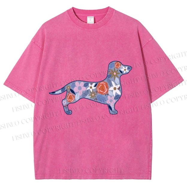 Unisex Blue Floral Dachshund Dog Printed Washed Tee