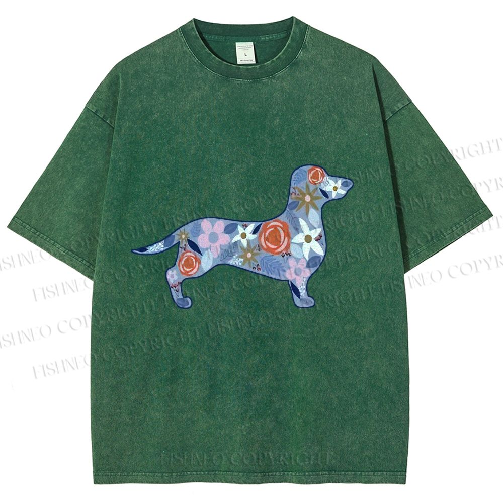 Unisex Blue Floral Dachshund Dog Printed Washed Tee