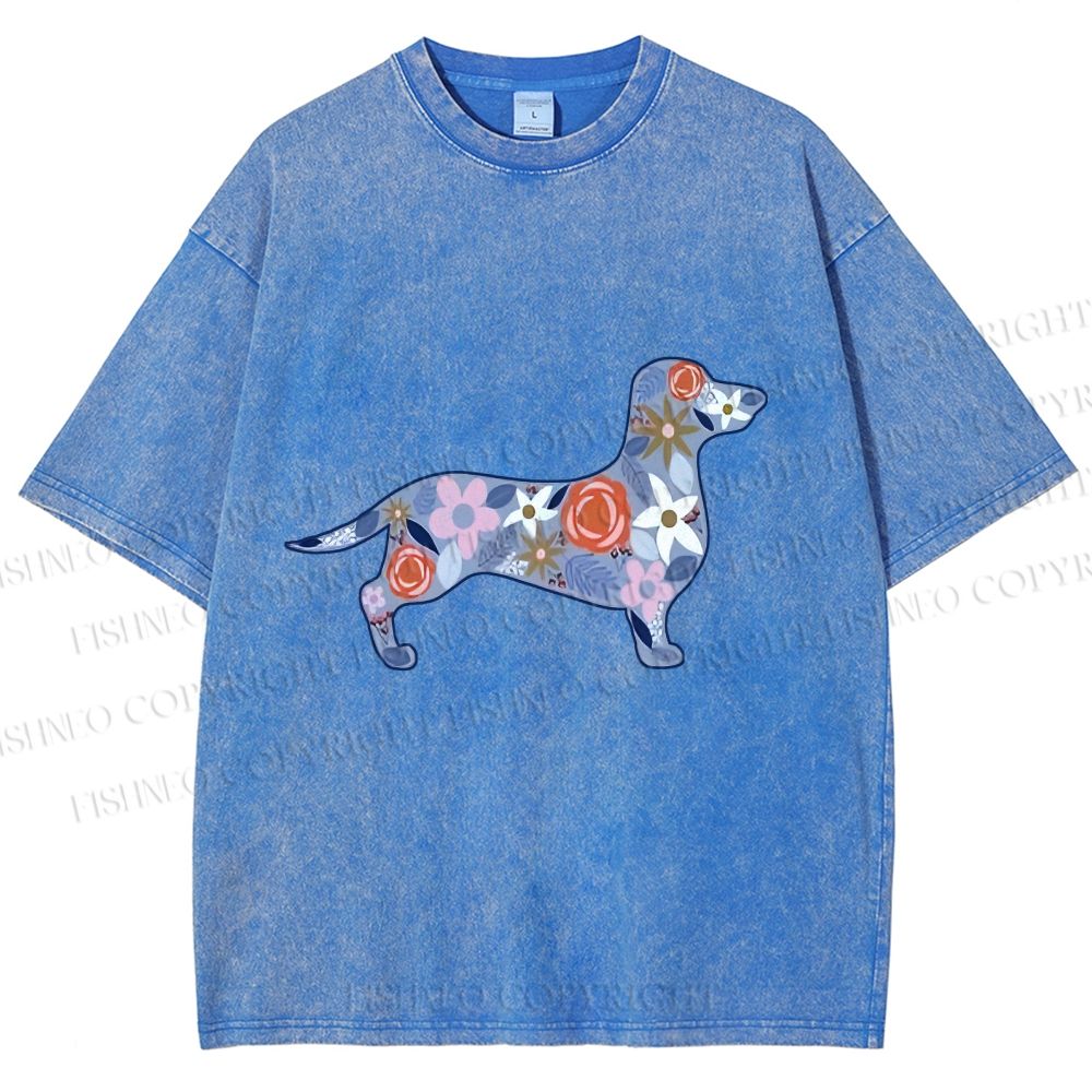 Unisex Blue Floral Dachshund Dog Printed Washed Tee