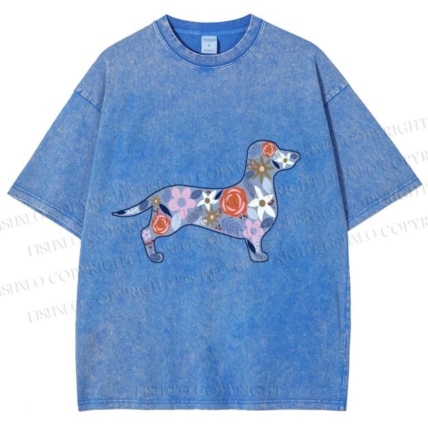 Unisex Blue Floral Dachshund Dog Printed Washed Tee