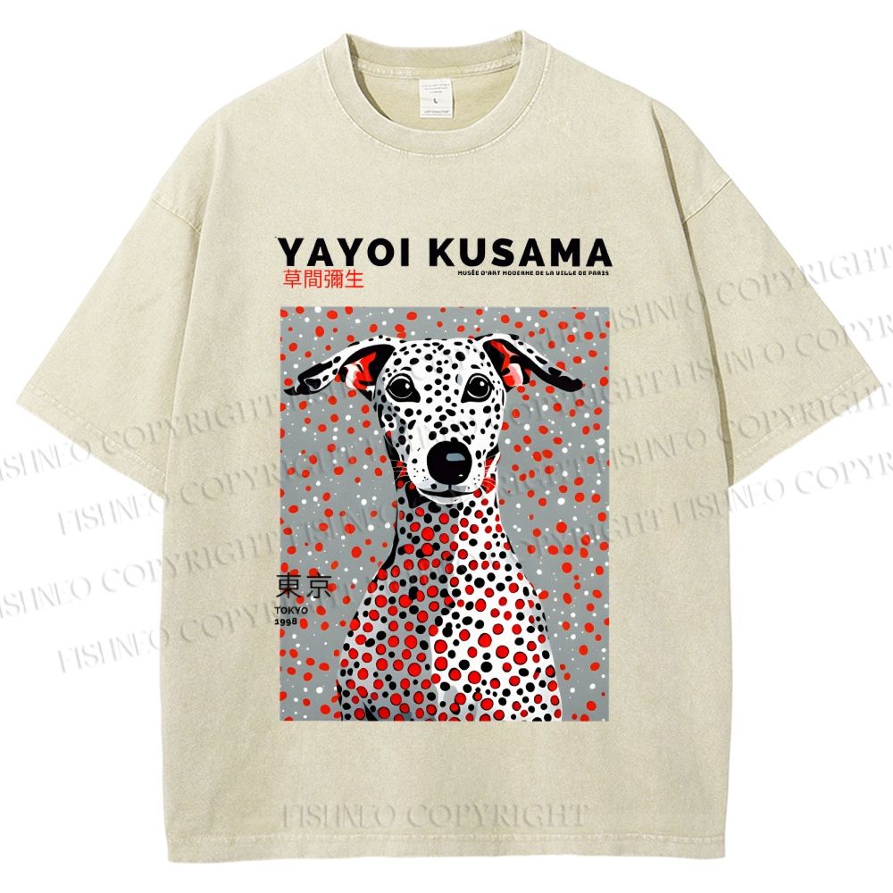 Unisex Yayoi Kusama Dog with Dots Printed Washed Tee